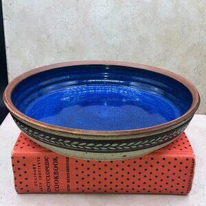 VTG Wheel Thrown Glazed Pottery Bowl Cobalt Glaze Textured Outer With Over Glaze